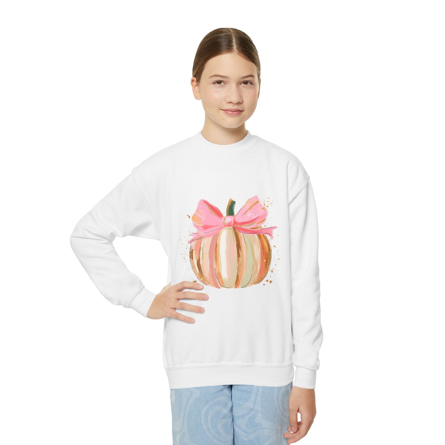 Pumpkin Bow Youth Crewneck Sweatshirt, Fall Sweater, Halloween Gift, Cute Pumpkin Apparel, Cozy Autumn Wear, Kids Sweatshirt