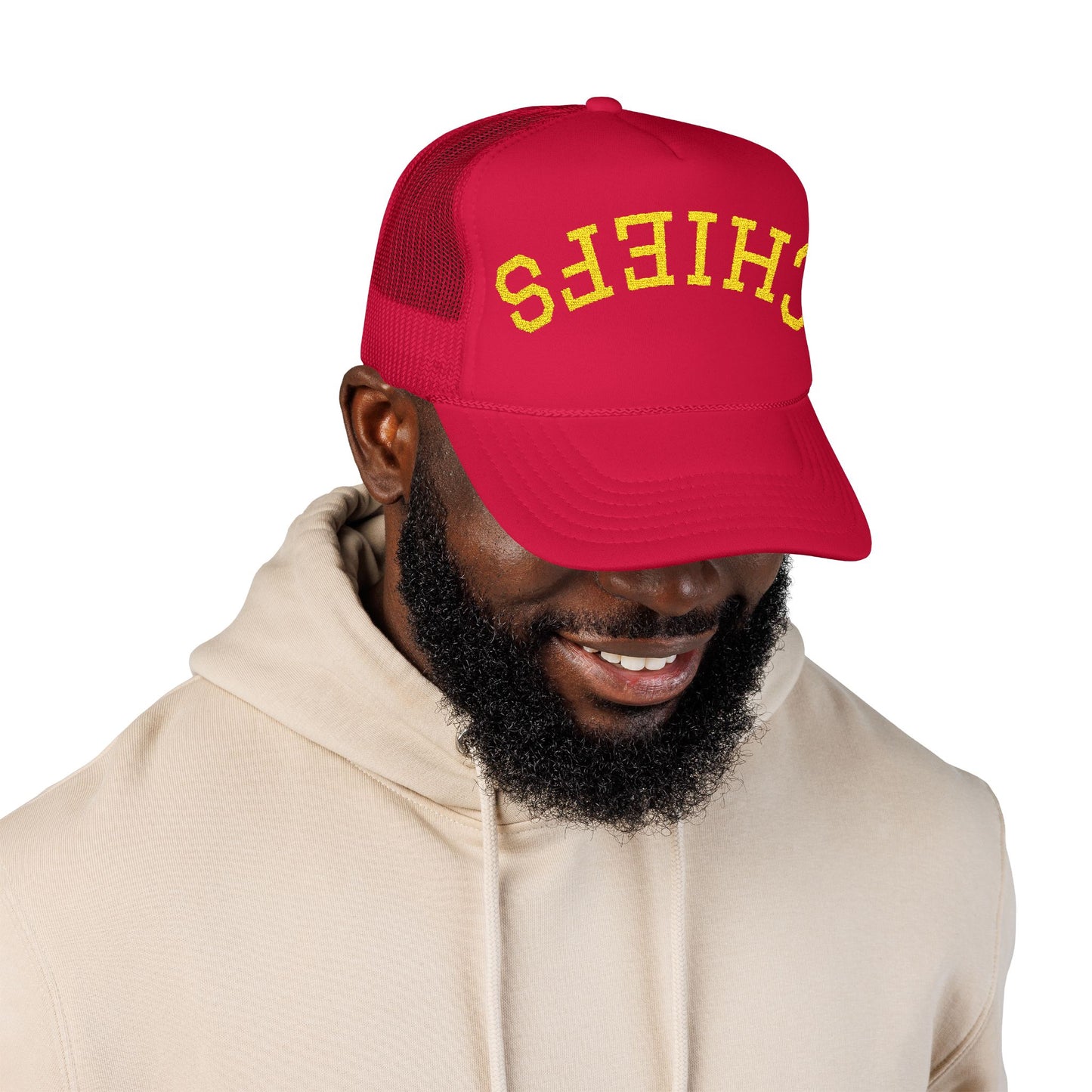 Chiefs KC Football Bold Embroidered Foam Trucker Hat, Red Hat for Sport Fans, Custom Cap for Events, Summer Accessories, Gift Idea for Dads