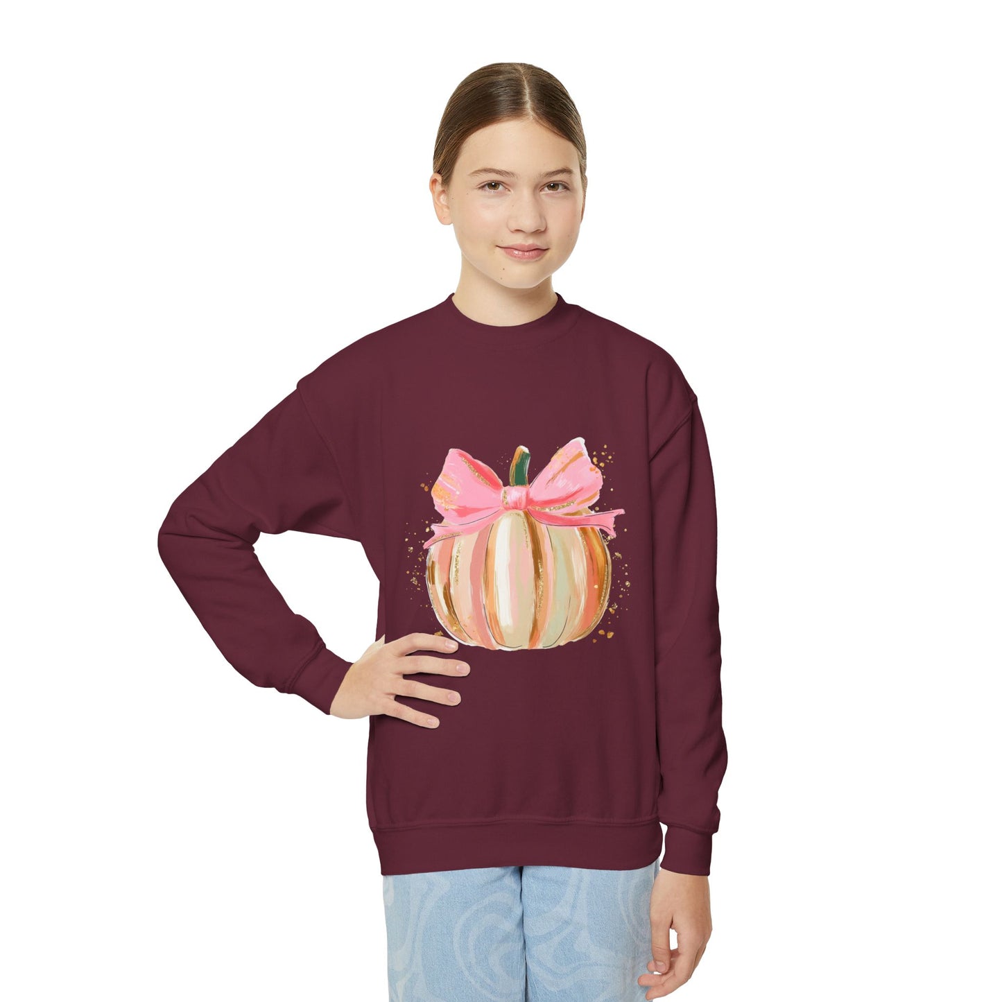 Pumpkin Bow Youth Crewneck Sweatshirt, Fall Sweater, Halloween Gift, Cute Pumpkin Apparel, Cozy Autumn Wear, Kids Sweatshirt