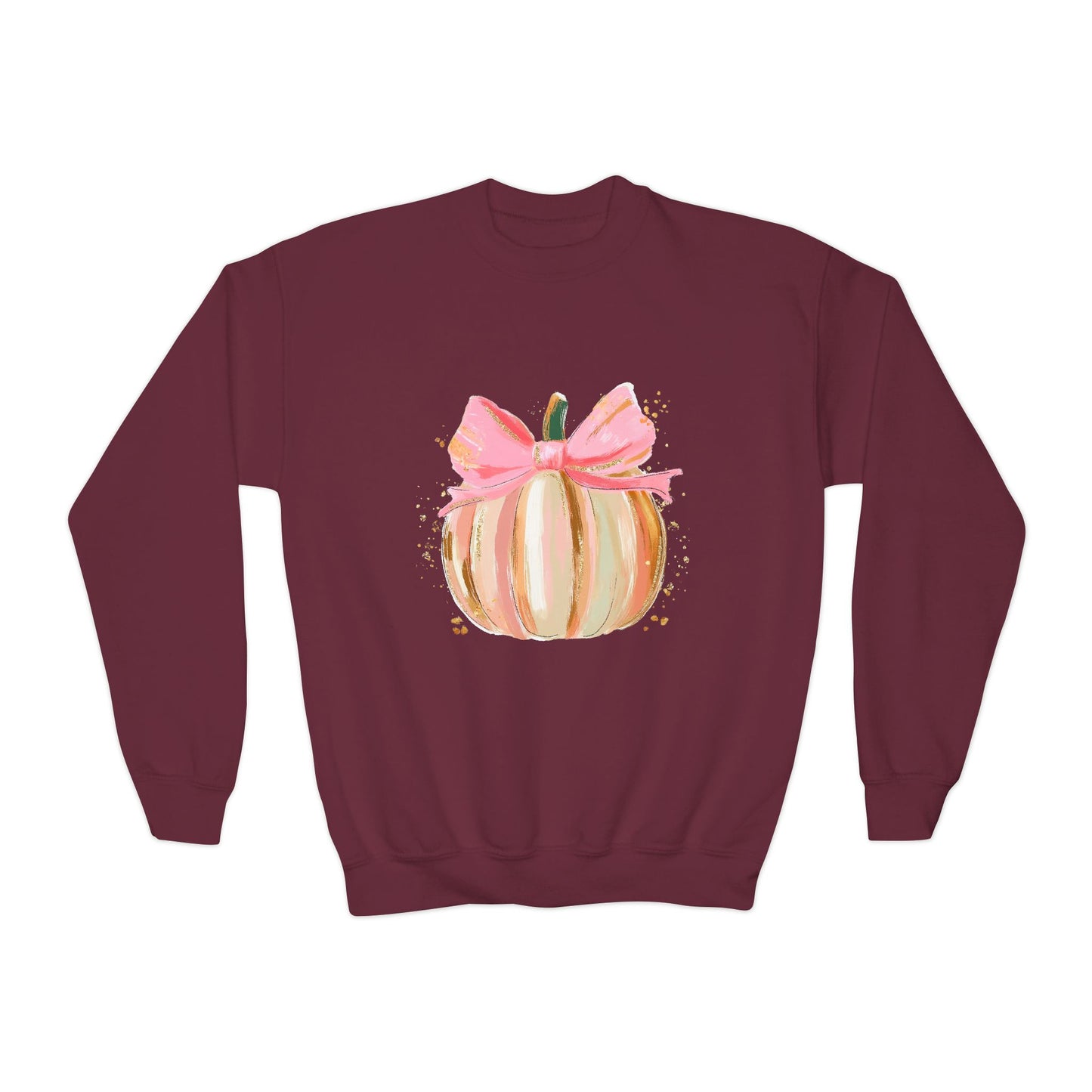 Pumpkin Bow Youth Crewneck Sweatshirt, Fall Sweater, Halloween Gift, Cute Pumpkin Apparel, Cozy Autumn Wear, Kids Sweatshirt