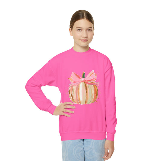 Pumpkin Bow Youth Crewneck Sweatshirt, Fall Sweater, Halloween Gift, Cute Pumpkin Apparel, Cozy Autumn Wear, Kids Sweatshirt