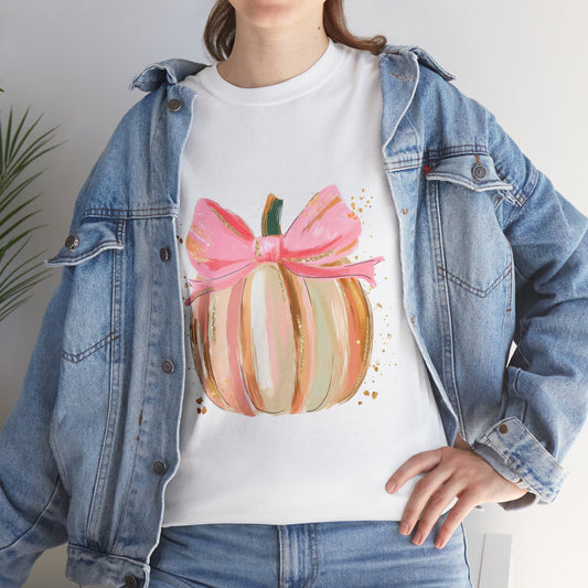 Pumpkin Bow Unisex Cotton Tee, Cute Fall T-Shirt, Harvest Apparel, Halloween Shirt, Thanksgiving Outfit, Seasonal Gift