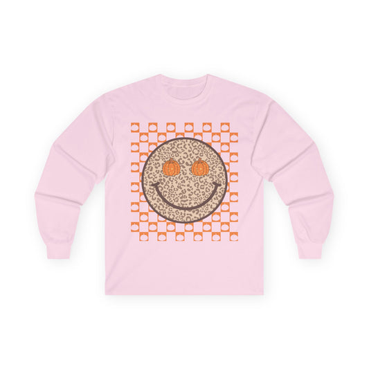 Smiley Leopard Print Long Sleeve Tee | Fun Casual Wear, Gift for Friends, Trendy Anime Shirt, Birthday Surprise, Everyday Style
