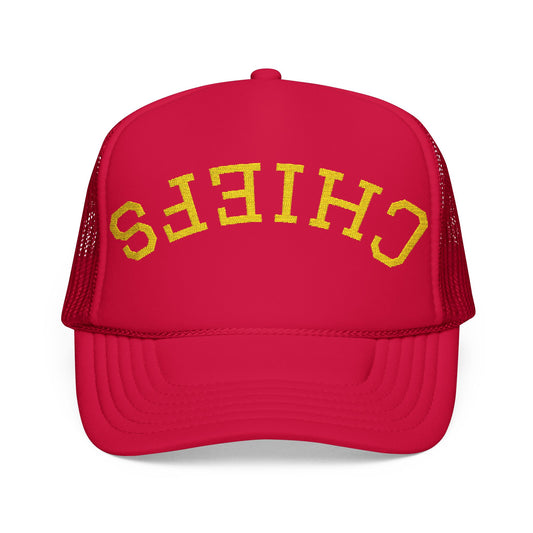 Chiefs KC Football Bold Embroidered Foam Trucker Hat, Red Hat for Sport Fans, Custom Cap for Events, Summer Accessories, Gift Idea for Dads